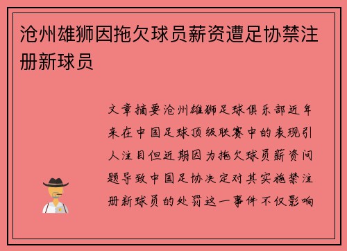 沧州雄狮因拖欠球员薪资遭足协禁注册新球员