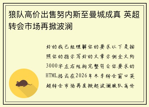 狼队高价出售努内斯至曼城成真 英超转会市场再掀波澜